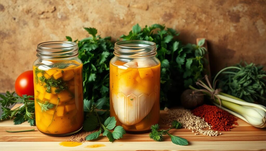 A bountiful array of fresh herbs and spices, meticulously arranged on a wooden cutting board, creating a harmonious symphony of flavors. In the foreground, a glass jar filled with a golden, translucent marinade, its surface glistening under the warm, diffused lighting. The middle ground showcases a raw chicken breast, poised and ready to be submerged in the flavorful mixture, while the background depicts a rustic, textured wall, adding depth and a sense of place to the scene. The overall composition conveys a sense of culinary expertise, inviting the viewer to imagine the delicious and tender chicken that will emerge from this carefully crafted marinade. A bountiful array of fresh herbs and spices, meticulously arranged on a wooden cutting board, creating a harmonious symphony of flavors. In the foreground, a glass jar filled with a golden, translucent marinade, its surface glistening under the warm, diffused lighting. The middle ground showcases a raw chicken breast, poised and ready to be submerged in the flavorful mixture, while the background depicts a rustic, textured wall, adding depth and a sense of place to the scene. The overall composition conveys a sense of culinary expertise, inviting the viewer to imagine the delicious and tender chicken that will emerge from this carefully crafted marinade.