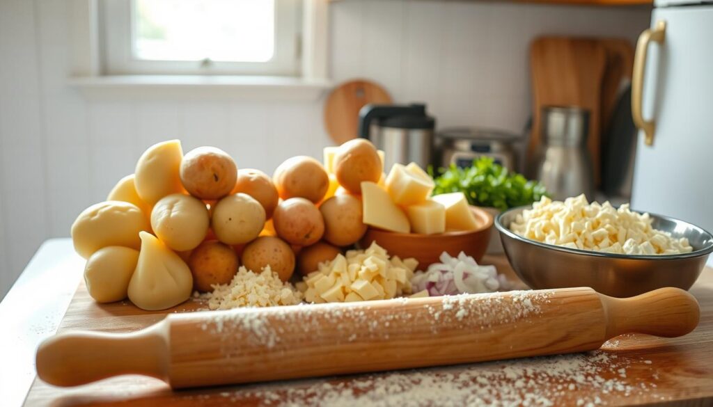A bright, airy kitchen counter filled with the ingredients for traditional Polish pierogi ruskie: mounds of fresh potatoes, crumbled farmer's cheese, diced onions, and a bowl of flour. Overhead lighting casts a warm glow, highlighting the vibrant colors and textures. In the foreground, a wooden board and rolling pin stand ready for the dough-making process. The scene conveys a sense of culinary preparation and anticipation, inviting the viewer to join in the time-honored tradition of homemade pierogi.