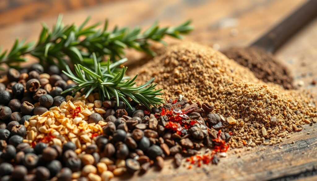 A close-up, high-resolution photograph of an assortment of spices and herbs arranged neatly on a rustic wooden surface. The foreground features a variety of whole and ground spices, including black peppercorns, coriander seeds, fennel seeds, and crushed red pepper flakes. The middle ground showcases fresh sprigs of rosemary, thyme, and oregano, their vibrant green hues contrasting with the earthy tones of the spices. The background is softly blurred, providing a natural, uncluttered setting that emphasizes the aromatic ingredients. The lighting is warm and natural, casting gentle shadows that add depth and dimension to the scene. The overall mood is one of rustic elegance, inviting the viewer to imagine the rich, savory flavors these spices would impart to a dish like slow-roasted pork belly.