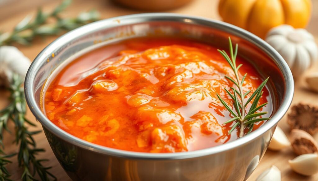 A close-up of a stainless steel bowl filled with a vibrant red-orange marinade, its rich hues catching the warm light of a kitchen counter. Aromatic herbs and spices like rosemary, thyme, and garlic cloves are scattered around the bowl, adding depth and complexity to the scene. The marinade appears thick and glossy, ready to infuse a succulent chicken with its tantalizing flavors. The overall composition is clean and minimalist, allowing the ingredients to take center stage and inspire the viewer to recreate this delicious homemade marinade.