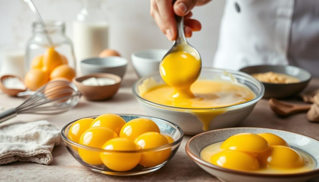 A close-up of various culinary preparations using thawed egg yolks, set against a neutral background with soft, natural lighting. In the foreground, a dish of vibrant yellow yolks, neatly arranged and glistening, surrounded by cooking utensils and ingredients like a whisk, cream, and a small bowl. In the middle ground, a chef's hand delicately mixing the yolks into a creamy sauce or custard, the texture and consistency clearly visible. The background features subtly out-of-focus kitchen elements, hinting at the wider context and purpose of the scene - to showcase creative ways to utilize thawed egg yolks in cooking and baking.
