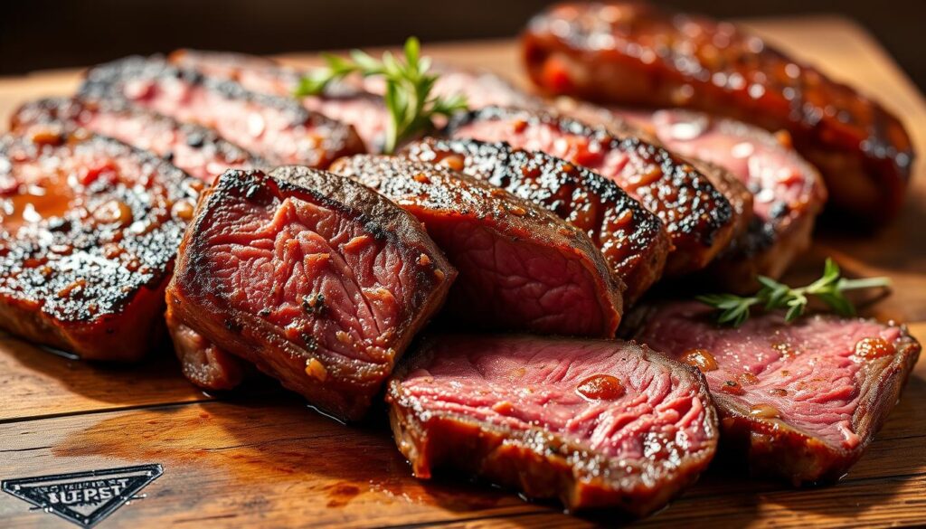 A close-up of various cuts of venison steak, arranged in a visually appealing manner on a rustic wooden surface. The steaks are glistening with a light marinade, highlighting their rich, earthy hues. The lighting is soft and natural, casting gentle shadows that accentuate the texture and grain of the meat. The background is blurred, creating a sense of focus on the succulent venison, which appears tender and inviting. The overall composition evokes the rustic charm and flavorful allure of this premium game meat. A close-up of various cuts of venison steak, arranged in a visually appealing manner on a rustic wooden surface. The steaks are glistening with a light marinade, highlighting their rich, earthy hues. The lighting is soft and natural, casting gentle shadows that accentuate the texture and grain of the meat. The background is blurred, creating a sense of focus on the succulent venison, which appears tender and inviting. The overall composition evokes the rustic charm and flavorful allure of this premium game meat.
