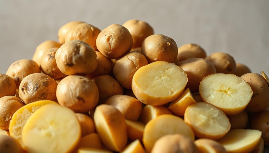 A close-up photograph of a pile of raw potatoes, some whole and some sliced, against a neutral backdrop. The potatoes are lit from the side, casting soft shadows and highlighting their natural texture and color variations. The lighting is gentle and creates a sense of quiet contemplation. The background is slightly blurred, placing the focus squarely on the potatoes. The composition is balanced and the image conveys a sense of simplicity and the everyday nature of the subject matter.