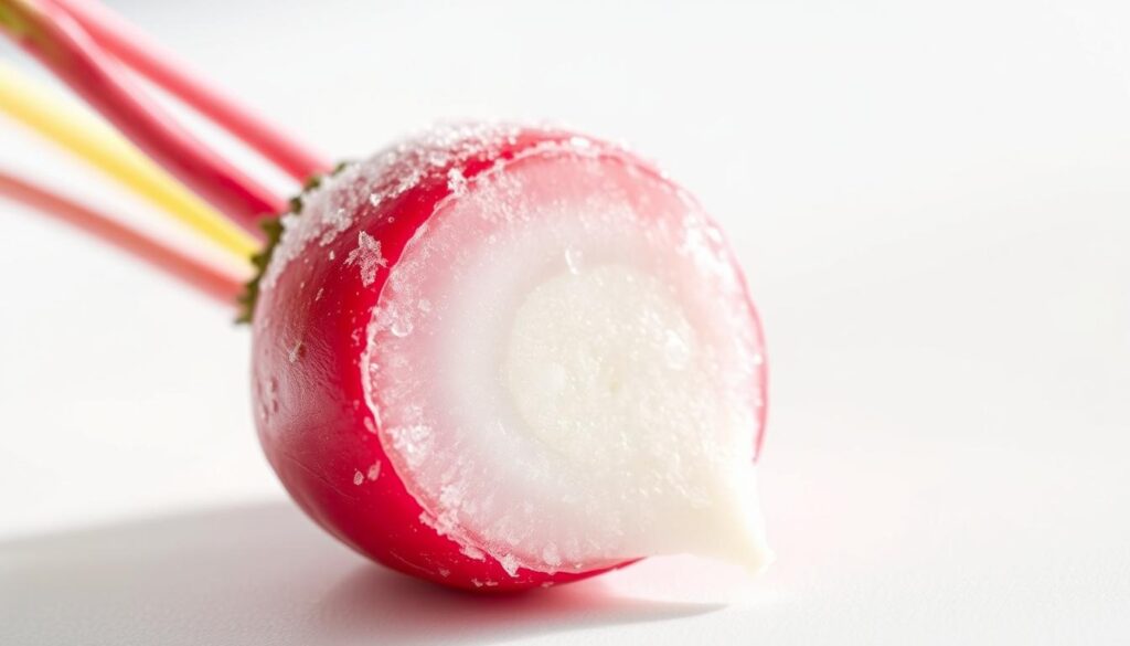 A close-up photograph of a radish (Raphanus sativus) on a plain white background, illuminated by soft, natural light. The radish is partially frozen, with a thin layer of ice crystals forming on its surface, showcasing the effect of freezing on this vegetable. The image captures the texture, color, and structure of the radish in detail, providing a clear visual representation of the topic "Can radishes be frozen and still be suitable for salads?".