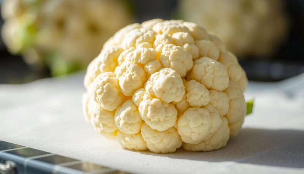 A close-up shot of a fresh, vibrant cauliflower floret being carefully prepared for freezing. The floret is positioned in the center of the frame, illuminated by soft, natural lighting that casts gentle shadows. The background is blurred, keeping the focus on the intricate texture and pale green hues of the cauliflower. The image conveys a sense of care and attention to detail, as if the viewer is witnessing the methodical process of readying the vegetable for long-term storage, preserving its crispness and flavor.