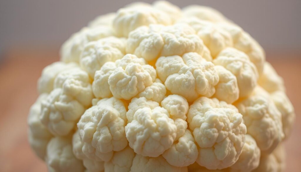 A close-up shot of a fresh, vibrant head of raw cauliflower, its snowy-white florets glistening under soft, diffused lighting. The florets are arranged in a visually appealing, symmetrical pattern, showcasing their crunchy, crisp texture. The background is subtly blurred, keeping the focus firmly on the cauliflower. The overall mood is clean, minimalist, and highlights the natural beauty of the vegetable. The camera angle is slightly elevated, creating a sense of volume and depth, while the lighting casts gentle shadows that accentuate the contours of the cauliflower. The image conveys a sense of freshness, purity, and the anticipation of preserving the vegetable's texture and flavor through the freezing process.