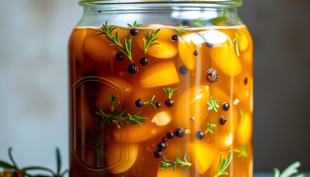 A close-up shot of a glass jar filled with a rich, amber-colored marinade. The marinade is composed of various herbs and spices, including rosemary, thyme, garlic, and black pepper, all infused in a base of olive oil and vinegar. The jar is set against a neutral, slightly blurred background, allowing the vibrant colors and textures of the marinade to take center stage. The lighting is soft and natural, casting subtle shadows and highlights that enhance the appetizing appearance of the marinade. The overall composition conveys a sense of rustic elegance, perfectly suited for illustrating a recipe for a flavorful chicken marinade.