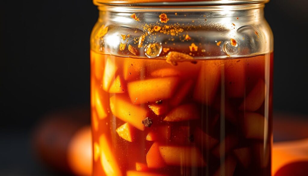 A close-up shot of a glass jar filled with a rich, savory marinade for grilled sausages. The marinade is composed of a harmonious blend of soy sauce, Worcestershire sauce, garlic, onion, brown sugar, and fragrant spices. The jar is illuminated from the side, casting warm, golden shadows that accentuate the depth and complexity of the marinade. The glass surface reflects the surrounding environment, hinting at the grilled sausages waiting to be infused with this flavorful marinade. The image conveys the anticipation of a delectable, smoky-sweet grilled sausage experience, perfect for a summer barbecue.