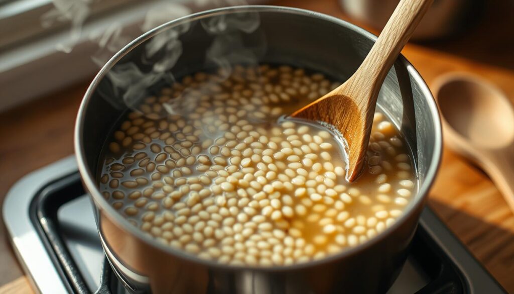 A close-up shot of a pot of pearl barley simmering on a stovetop, with steam rising and the grains gently bubbling in a clear broth. The pot is situated on a wooden surface, with a wooden spoon resting nearby, suggesting an artisanal, homely atmosphere. The lighting is soft and natural, creating a warm, inviting glow. The focus is on the pot, with the background slightly blurred, emphasizing the preparation process. The image conveys a sense of patience and attention to detail, reflecting the care and time required to cook pearl barley to perfection.