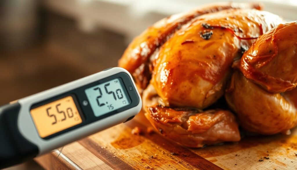 A close-up shot of a roasted chicken, its golden-brown skin glistening under warm, natural lighting. The foreground showcases the juicy, tender meat underneath, while the middle ground reveals the precise internal temperature reading displayed on a sleek, modern digital thermometer. The background blurs softly, highlighting the chicken's placement on a rustic wooden cutting board, creating a cozy, inviting atmosphere. The overall mood conveys a sense of culinary expertise and the perfect balance between crispy exterior and moist, flavorful interior.