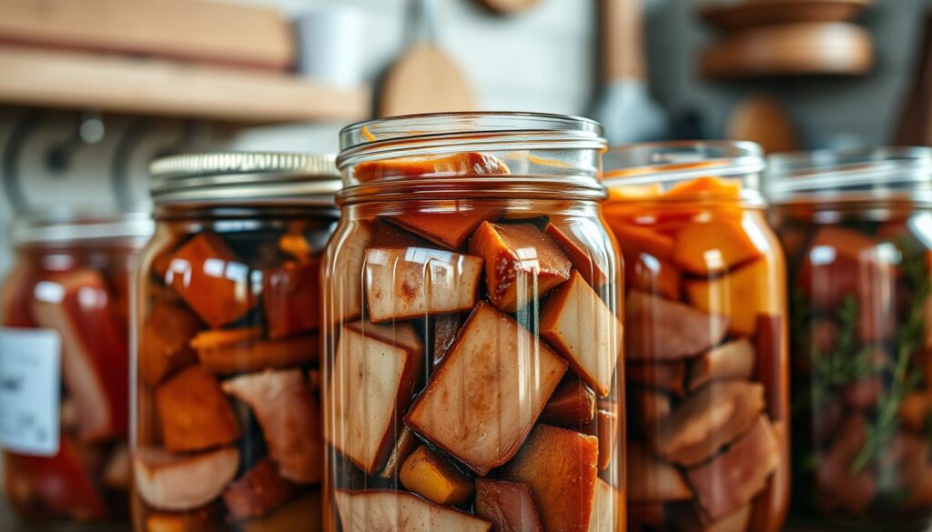 A close-up shot of a variety of home-canned meat products in glass jars, captured with a high-resolution camera lens and natural, warm lighting. The jars are filled with different cuts of meat, each with a distinct texture and color. The lids are tightly sealed, conveying a sense of preservation and freshness. The foreground showcases the jars in the center, with a blurred background of a cozy, rustic kitchen setting, hinting at the domestic, homemade nature of the canned goods. The overall atmosphere is one of culinary craftsmanship, food safety, and the comfort of homemade provisions.
