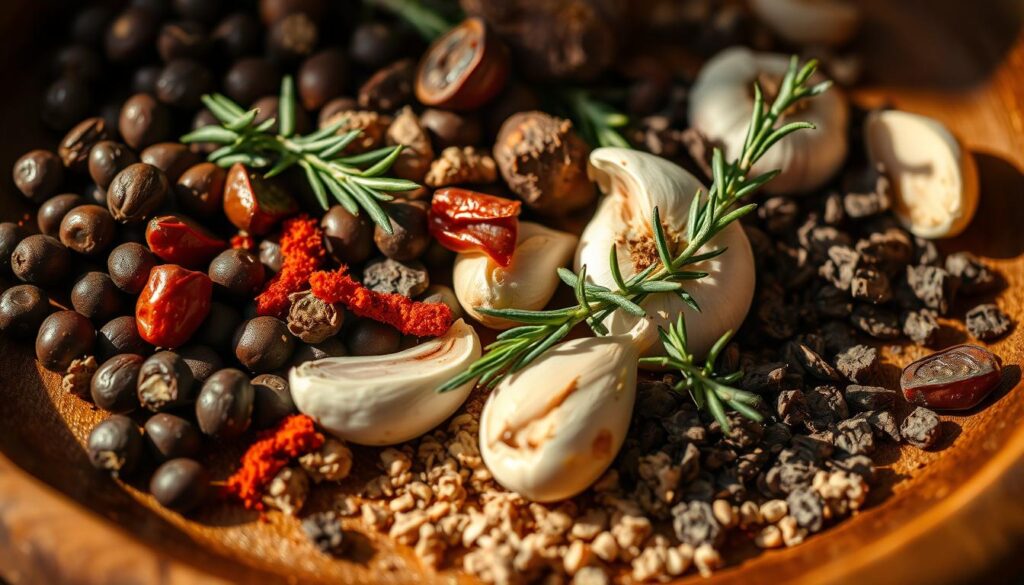 A close-up shot of an assortment of aromatic spices and herbs, including whole peppercorns, paprika, rosemary sprigs, garlic cloves, and thyme leaves, arranged in a rustic wooden bowl or platter. The lighting is warm and natural, casting soft shadows that accentuate the textures and colors of the ingredients. The overall composition conveys a sense of culinary craftsmanship and the rich, flavorful essence of a homemade marinade for roasted chicken, ready to be applied to a succulent bird before it is cooked to crispy perfection.