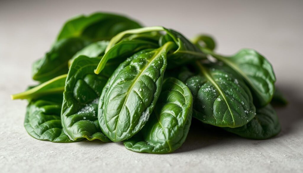 A close-up shot of freshly frozen raw spinach leaves, their vibrant green color and delicate texture capturing the essence of the question "Can raw spinach be frozen?". The leaves are arranged neatly, illuminated by soft, natural lighting that accentuates their intricate veins and the subtle sheen of their surfaces. The background is a muted, neutral tone, allowing the spinach to be the focal point and highlighting its potential for long-term storage and preservation of nutrients. The overall composition conveys a sense of simplicity and clarity, inviting the viewer to consider the possibilities of freezing this versatile leafy green.