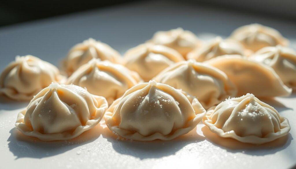 A close-up shot of frozen pierogi dumplings arranged neatly on a clean, white surface, illuminated by soft, natural lighting from the side. The pierogi have a glistening, freshly-frozen appearance, with tiny ice crystals visible on their delicate wrappers. The background is slightly blurred, keeping the focus on the foreground subject. The composition is balanced, with the pierogi taking up the majority of the frame, conveying a sense of care and attention to the preparation of this traditional dish. The overall mood is one of simplicity, cleanliness, and anticipation, setting the stage for the cooking process to follow.