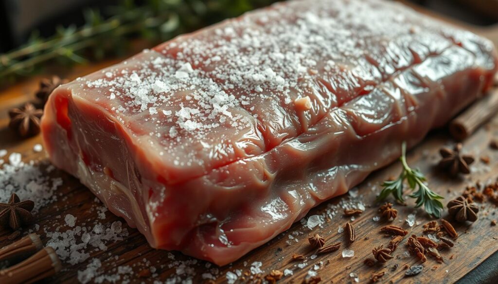 A close-up shot of raw pork belly being meticulously cured, its surface glistening with a thin layer of salt crystals. The pork rests on a rustic wooden surface, surrounded by aromatic spices and herbs, evoking the age-old tradition of salting and preserving meat. Soft, natural lighting casts subtle shadows, emphasizing the textural details of the pork's marbling and the intricate curing process. The overall atmosphere is one of artisanal craftsmanship, where time-honored techniques intersect with the alluring aroma of smoked meats.