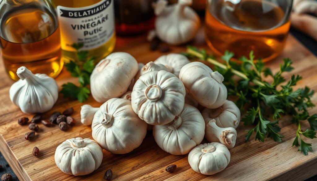 A close-up shot of various ingredients for a homemade mushroom marinade, including fresh mushrooms, vinegar, garlic, peppercorns, and herbs. The mushrooms are neatly arranged on a wooden cutting board, with the other ingredients placed around them. The lighting is warm and natural, creating an inviting, rustic atmosphere. The composition is balanced, with the focal point on the mushrooms, surrounded by the supporting ingredients. The image conveys a sense of culinary expertise and the process of carefully crafting a delicious mushroom marinade.
