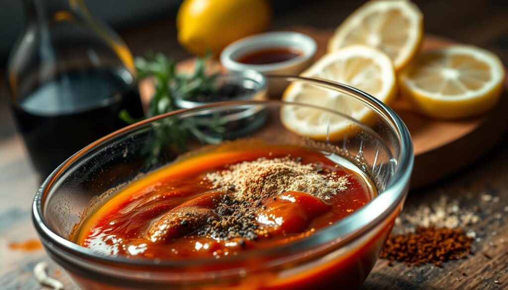 A close-up shot of various seasonings and ingredients for a homemade BBQ marinade. In the foreground, a glass bowl filled with a thick, glistening BBQ sauce mixture, accented by the warm, earthy tones of smoked paprika, garlic powder, onion flakes, and cracked black pepper. In the middle ground, a wooden cutting board with sliced lemon wedges, sprigs of fresh thyme, and a small dish of Worcestershire sauce. The background is softly blurred, creating a sense of depth and focus on the central elements. Dramatic lighting casts dramatic shadows, enhancing the rich, appetizing colors and textures of the BBQ marinade ingredients. The overall mood is inviting, mouthwatering, and ready for grilling. A close-up shot of various seasonings and ingredients for a homemade BBQ marinade. In the foreground, a glass bowl filled with a thick, glistening BBQ sauce mixture, accented by the warm, earthy tones of smoked paprika, garlic powder, onion flakes, and cracked black pepper. In the middle ground, a wooden cutting board with sliced lemon wedges, sprigs of fresh thyme, and a small dish of Worcestershire sauce. The background is softly blurred, creating a sense of depth and focus on the central elements. Dramatic lighting casts dramatic shadows, enhancing the rich, appetizing colors and textures of the BBQ marinade ingredients. The overall mood is inviting, mouthwatering, and ready for grilling.