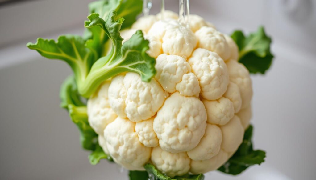 A close-up view of a fresh cauliflower head being gently rinsed under cool running water, its white florets and vibrant green leaves glistening. The camera angle is slightly elevated, capturing the whole process in a clear, well-lit setting with a soft, natural lighting that enhances the vegetable's crisp, clean appearance. The background is blurred, focusing attention on the careful, meticulous act of preparing the cauliflower for cooking, conveying a sense of thoughtful preparation and attention to detail.