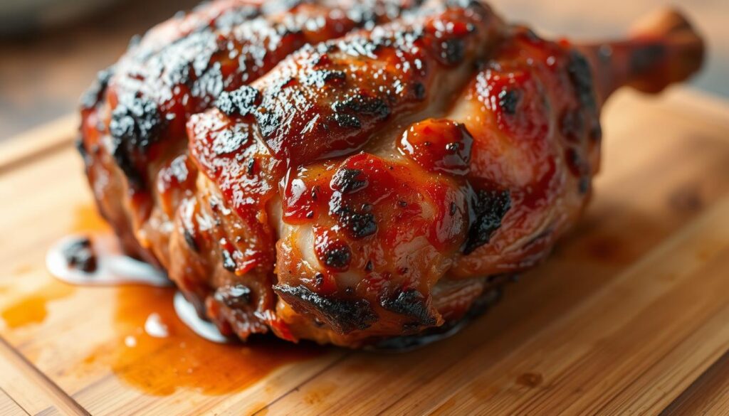 A close-up view of a perfectly browned and crispy-skinned pork knuckle (golonka) fresh out of the oven. The meat is tender and succulent, with a hint of caramelized edges. The surface is glistening, reflecting the warm lighting from above, creating a rich, inviting atmosphere. In the background, a wooden cutting board or surface sets the traditional, rustic scene. The overall composition emphasizes the delectable texture and mouthwatering appearance of the expertly roasted golonka, ready to be served with the aromatic marinade.