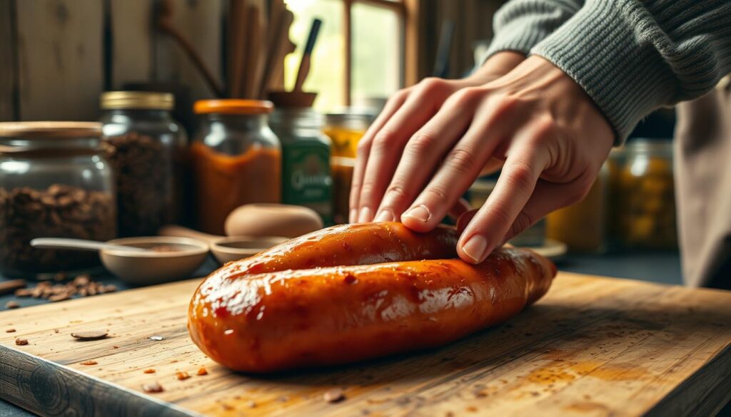 A close-up view of a person's hands carefully preparing a sausage on a wooden cutting board. The sausage is glistening with a golden brown crust, its rich aroma filling the air. In the background, a rustic kitchen scene with jars, spices, and other canning equipment creates a cozy, old-world atmosphere. Warm, soft lighting from a nearby window casts a gentle glow over the scene, highlighting the intricate textures of the sausage and the skilled hands at work. The overall mood is one of traditional craftsmanship and the comforting process of food preservation.