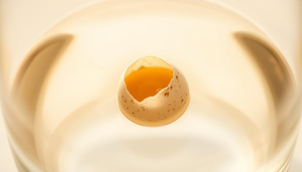 A close-up view of a small, delicate quail egg gently simmering in a clear glass of water, the soft yolk just beginning to set. The egg is bathed in warm, natural lighting, casting a golden glow and highlighting the intricate speckled shell. The water's surface is still and calm, creating a serene, minimalist atmosphere. The composition is centered and symmetrical, emphasizing the simplicity and beauty of the subject. The image conveys a sense of tranquility and the care required to prepare this delicate, healthy ingredient.