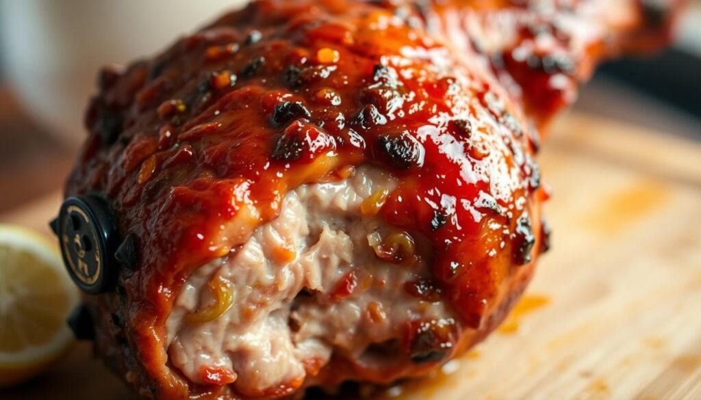 A close-up view of a succulent roasted pork knuckle, the skin glistening with a rich, caramelized glaze. The meat is tender and juicy, infused with the aroma of a flavorful marinade, hinting at a blend of aromatic herbs, spices, and perhaps a touch of citrus. The background is softly blurred, allowing the pork to take center stage, inviting the viewer to imagine the savory, tender texture and the satisfying crunch of the perfectly crisp skin. The lighting is warm and natural, highlighting the golden hues of the roasted pork, creating an appetizing and mouthwatering scene.