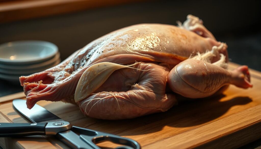 A close-up view of a whole duck resting on a wooden cutting board, its feathers plucked and skin glistening, ready for seasoning and roasting. In the foreground, a knife and kitchen shears lie nearby, suggesting the careful preparation process. The lighting is soft and warm, casting subtle shadows that accentuate the duck's natural contours. The background is blurred, keeping the focus on the main subject, creating a serene and contemplative atmosphere suitable for the traditional roasting ritual.
