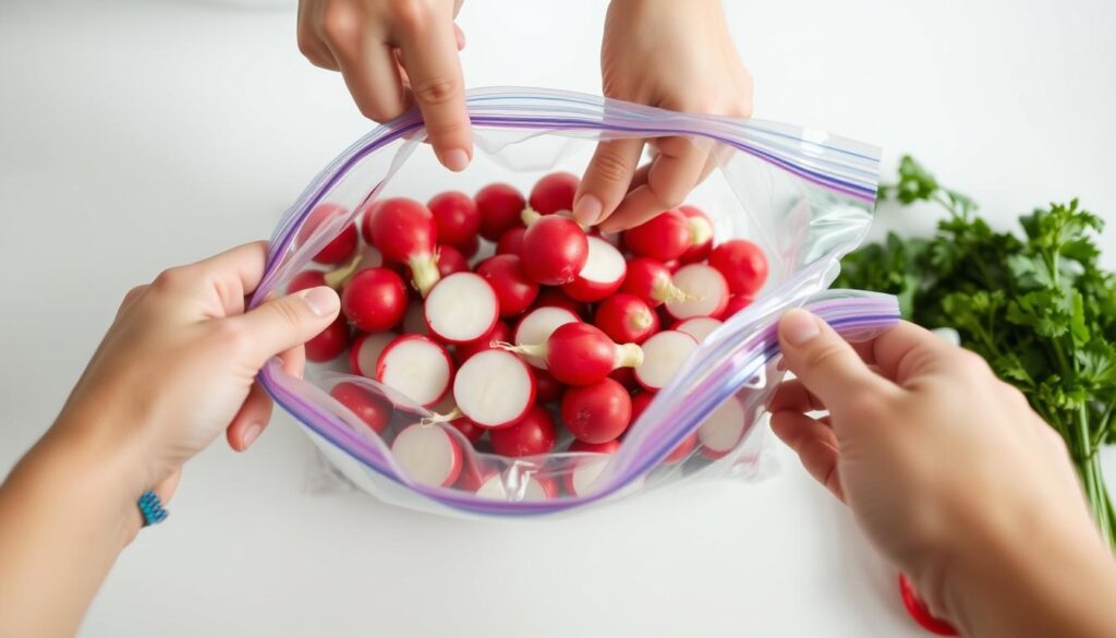 A close-up view of someone's hands carefully placing freshly washed radishes into a clear plastic freezer bag. The radishes have a vibrant red and white color, their crisp texture visible. The background is a clean, bright kitchen counter or table, with a few scattered kitchen utensils nearby. Soft, even lighting illuminates the scene, creating a calm, instructional atmosphere. The overall mood conveys the process of properly freezing radishes to preserve their flavor and texture for later use in salads.
