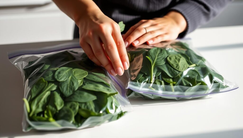 A close-up view of someone's hands carefully portioning and packing fresh green spinach leaves into freezer bags. The lighting is soft and natural, casting gentle shadows that accentuate the texture and vibrant color of the spinach. The background is a clean, minimalist kitchen counter, allowing the focus to remain on the process of properly freezing the spinach. The overall mood is one of precision, care, and attention to preserving the nutritional value of the vegetable for future use.