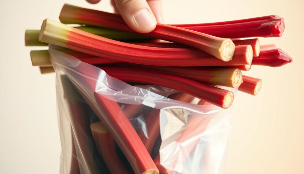 A closeup shot of fresh rhubarb stalks being carefully placed in a clear freezer bag, with a shallow depth of field to emphasize the textural details of the rhubarb's vibrant red and green hues. The lighting is soft and diffused, creating a warm, natural feel. The bag is positioned against a minimalist, light-colored background, allowing the rhubarb to be the focal point. The overall mood is one of simplicity, cleanliness, and a sense of preserving the rhubarb's freshness for future use. A closeup shot of fresh rhubarb stalks being carefully placed in a clear freezer bag, with a shallow depth of field to emphasize the textural details of the rhubarb's vibrant red and green hues. The lighting is soft and diffused, creating a warm, natural feel. The bag is positioned against a minimalist, light-colored background, allowing the rhubarb to be the focal point. The overall mood is one of simplicity, cleanliness, and a sense of preserving the rhubarb's freshness for future use.