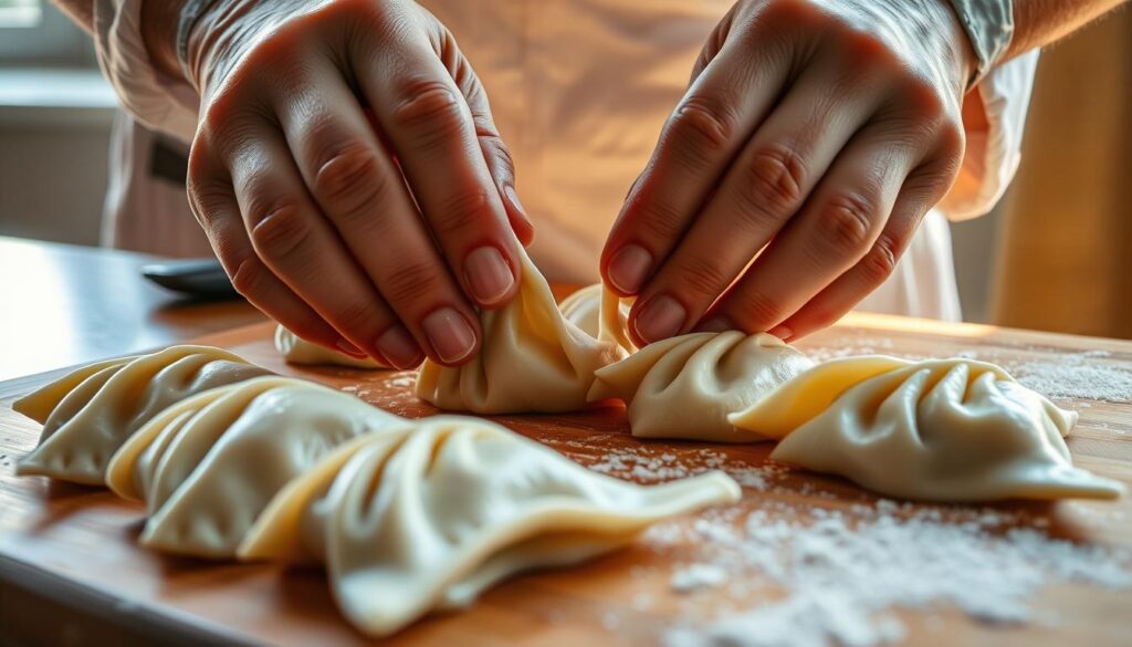 A closeup view of a chef's hands carefully shaping and molding soft, tender kopytka dumplings on a wooden board. The dumplings are glistening with a light coating of oil, their surface texture perfectly smooth and uncracked. Warm, natural lighting from a window casts gentle shadows, highlighting the intricate folds and curves of the kopytka. The background is blurred, allowing the viewer to focus solely on the delicate, precise technique of the chef's hands as they gently manipulate the dough, preventing any signs of splitting or disintegration.
