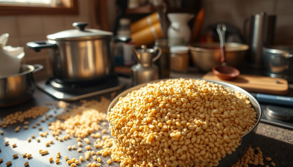 A cluttered kitchen counter with a bubbling pot of grains, spilled grains, and a few cooking utensils scattered around. Warm, natural lighting casts soft shadows, creating a cozy, homey atmosphere. The grains have an uneven, undercooked texture, some clumped together, others still dry and hard, illustrating the common mistakes made when cooking buckwheat groats. The background is slightly blurred, keeping the focus on the problematic pot of grains in the foreground.