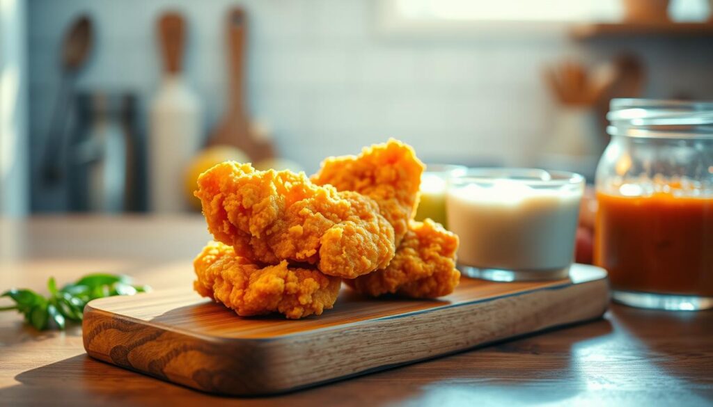 A crisp, golden-brown chicken nugget, freshly fried and glistening, rests on a wooden board. Surrounding it, an array of vibrant, homemade marinades in various hues: tangy barbecue, zesty lemon-herb, and rich, creamy ranch. The scene is bathed in warm, soft lighting, casting a cozy, inviting atmosphere. In the background, a simple, minimalist kitchen setting provides a clean, uncluttered backdrop, allowing the focal point - the nugget and its marinades - to take center stage. The composition emphasizes the contrast between the crisp, fried texture of the nugget and the smooth, flavorful marinades, enticing the viewer to imagine the delightful interplay of flavors and textures.