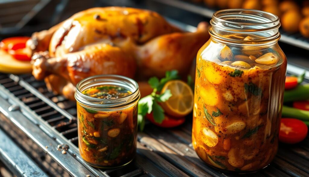 A crisp, golden-brown turkey on a rustic wooden grill, surrounded by a vibrant array of freshly grilled vegetables. In the foreground, a glass jar filled with a rich, aromatic marinade - a blend of herbs, spices, and tangy citrus. The scene is bathed in warm, natural lighting, accentuating the textures and colors of the ingredients. The overall atmosphere conveys a sense of traditional, homemade cooking, inviting the viewer to imagine the delicious flavors and aromas of a perfectly grilled, marinated turkey dish.