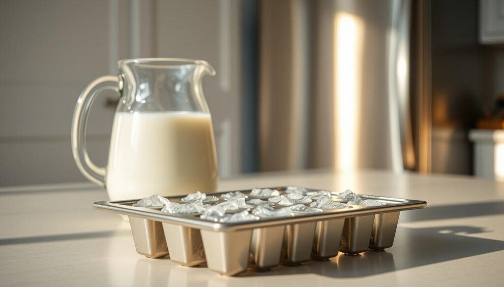 A crisp, well-lit kitchen counter with a glass pitcher filled with fresh, chilled milk. In the foreground, a metal ice cube tray is positioned, its cubes glistening with a frosty sheen. In the background, a stainless steel freezer stands, its door slightly ajar, hinting at the frozen storage within. The scene is bathed in a warm, natural light, creating a cozy, inviting atmosphere that emphasizes the process of preserving the milk for future use. The overall composition suggests a practical, step-by-step approach to the task of freezing milk at home.