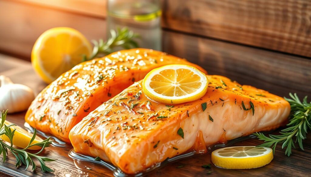 A delectable marinade for salmon, featuring a vibrant blend of fresh lemon, aromatic herbs, and a touch of garlic. Set against a rustic wooden background, the salmon fillets are arranged in an appetizing display, glistening with the marinade's citrusy goodness. Warm sunlight filters through the scene, casting a golden glow and creating a cozy, al fresco ambiance. The arrangement is effortlessly styled, inviting the viewer to imagine the succulent, flavor-infused salmon sizzling on the grill. This captivating image perfectly encapsulates the essence of the "Best Salmon Marinade" recipe section, enticing the reader to indulge in the mouthwatering, herb-infused delights.