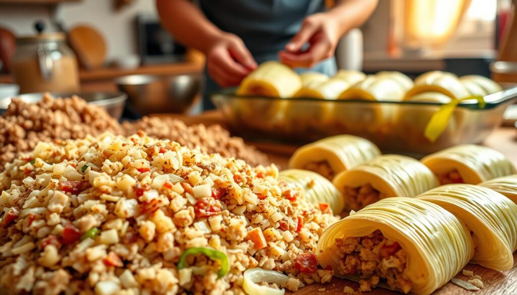 A delectable spread of traditional Polish stuffed cabbage rolls, known as "gołąbki". In the foreground, a perfectly diced mixture of ground pork, onions, rice, and aromatic spices lies ready to be meticulously wrapped in tender, gently boiled cabbage leaves. The mid-ground showcases the process, with skilled hands carefully folding the parcels and arranging them in a baking dish. In the background, a glimpse of a cozy kitchen, with warm, natural lighting casting a golden glow over the scene. The atmosphere is one of homespun comfort and culinary tradition, inviting the viewer to imagine the flavors and textures of this beloved Polish delicacy.