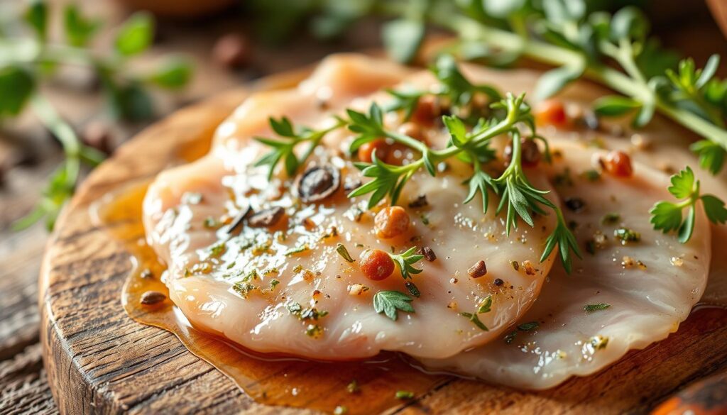 A delicate arrangement of fresh herbs and spices, resting atop thin, succulent veal slices. The marinade glistens under soft, natural lighting, casting a warm, inviting glow. In the background, a rustic wooden surface complements the earthy tones of the composition, conveying a sense of artisanal craftsmanship. The scene exudes an air of culinary expertise, enticing the viewer to imagine the depth of flavors and tenderness of the veal, marinated to perfection. A close-up perspective emphasizes the intricate details, showcasing the care and attention put into this flavorful preparation. A delicate arrangement of fresh herbs and spices, resting atop thin, succulent veal slices. The marinade glistens under soft, natural lighting, casting a warm, inviting glow. In the background, a rustic wooden surface complements the earthy tones of the composition, conveying a sense of artisanal craftsmanship. The scene exudes an air of culinary expertise, enticing the viewer to imagine the depth of flavors and tenderness of the veal, marinated to perfection. A close-up perspective emphasizes the intricate details, showcasing the care and attention put into this flavorful preparation.