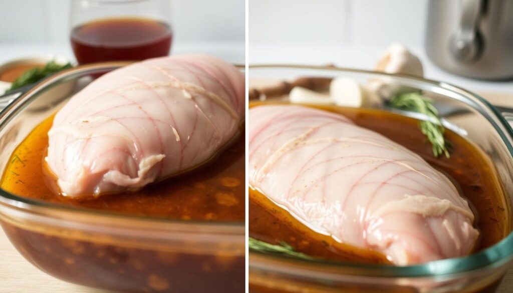A detailed, step-by-step image of marinating a turkey fillet. In the foreground, a turkey fillet sits in a glass dish, submerged in a rich, aromatic marinade. The fillet's texture is visible, with the flesh glistening under soft, natural lighting. In the middle ground, various herbs and spices - rosemary, thyme, garlic - are scattered around the dish, hinting at the flavors infusing the meat. The background is blurred, but suggests a clean, minimalist kitchen setting, allowing the preparation process to be the focus. The overall mood is one of culinary precision and anticipation, inviting the viewer to imagine the flavors and textures of the final dish.