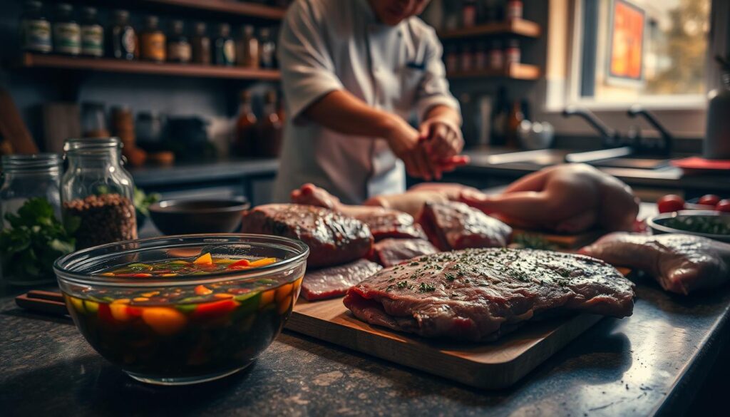 A dimly lit kitchen counter, the surface adorned with an array of spices, herbs, and marinades. In the foreground, a glass bowl filled with a rich, aromatic marinade, its deep hues hinting at the flavors to come. Beside it, various cuts of meat - succulent beef, pork, and chicken - awaiting their transformation through the ancient art of marination. The middle ground reveals a chef's hands carefully massaging the meat, working the flavorful mixture deep into the fibers. In the background, a vintage oven and shelves lined with jars and bottles, a testament to the culinary traditions that inspire this scene. Soft, warm lighting casts a cozy glow, evoking the comforting aroma of a meal in the making. This is the essence of "techniki marynowania" - the time-honored techniques that unlock the full potential of meat, creating tender, aromatic masterpieces.