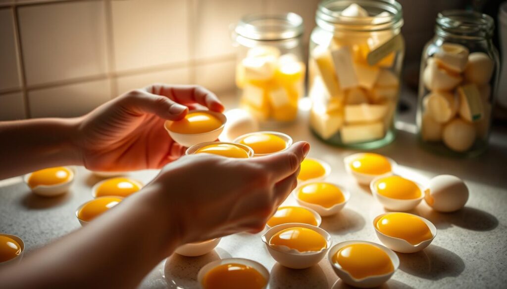 A dimly lit kitchen counter, the surface scattered with fresh eggs. In the foreground, a pair of hands carefully separates the translucent yellow yolks from the whites, placing them delicately into small containers. Soft, natural lighting illuminates the scene, casting a warm, inviting glow. In the background, a simple glass jar filled with labeled containers, hinting at the various ways these preserved yolks can be utilized in cooking and baking. The overall atmosphere conveys a sense of culinary expertise, efficiency, and the thoughtful preservation of ingredients.
