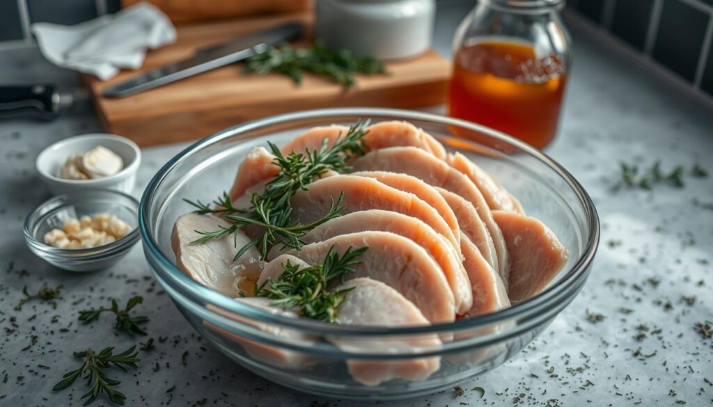 A dimly lit kitchen countertop, the surface dotted with aromatic herbs and spices. In the foreground, a glass bowl filled with sliced turkey breasts, their pale pink hue contrasting with the deep green of freshly chopped rosemary and thyme. Beside it, a small saucer of crushed garlic and a drizzle of fragrant olive oil. The background softly blurred, hinting at the tools of the trade - a sharp knife, a wooden cutting board, and a jar of homemade marinade, its amber liquid inviting a closer look. The scene radiates a sense of culinary expertise and the promise of a delicious, juicy turkey dish to come.