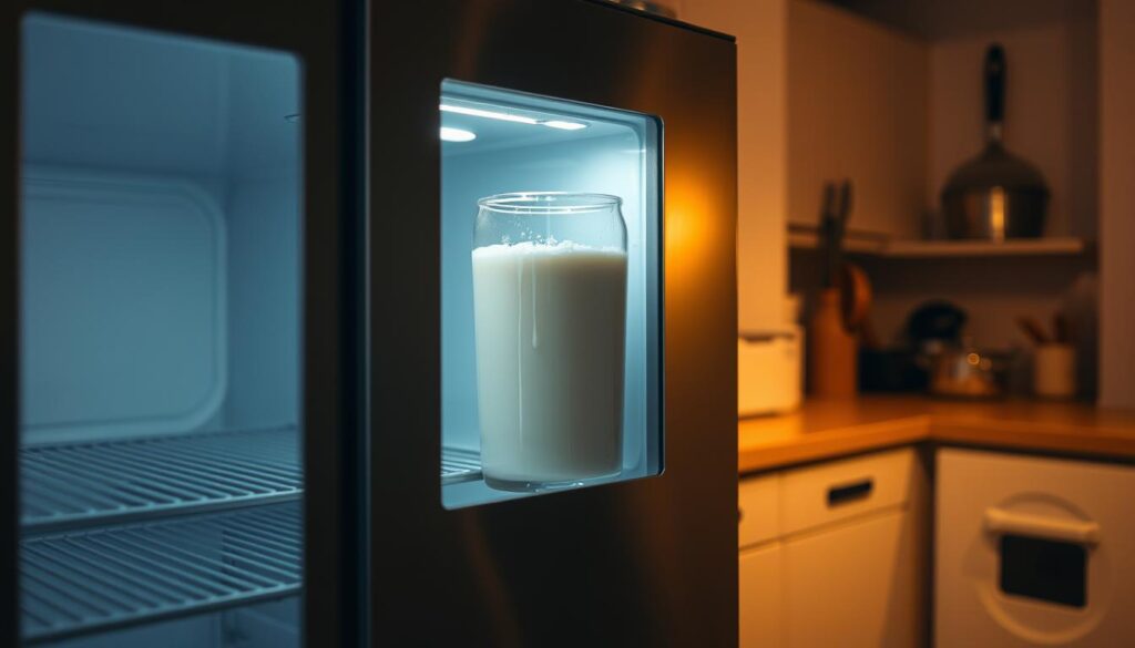 A dimly lit kitchen interior, with a stainless steel freezer prominently displayed in the foreground. Inside the freezer, a glass container filled with fresh milk, its contents frozen into a solid block. The freezer's door is slightly ajar, revealing the frozen milk within. The lighting is soft and warm, casting gentle shadows across the scene. The background features a tidy, organized kitchen, with various cooking utensils and appliances visible. The overall mood is one of safety, preservation, and practical household efficiency.