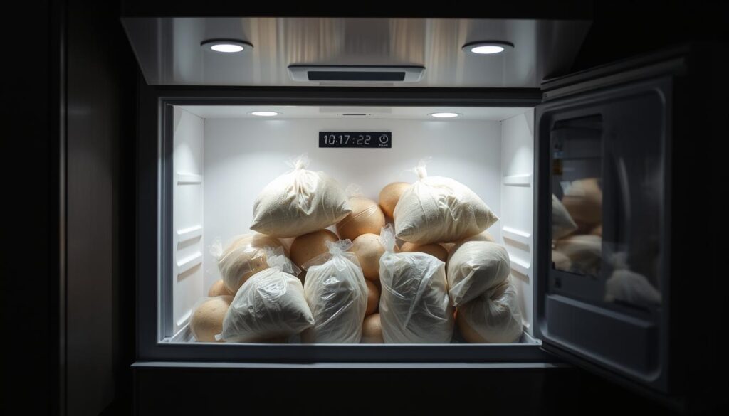 A dimly lit kitchen interior, with a stainless steel freezer prominently displayed in the center. Inside the open freezer, several bags of potatoes are neatly arranged, their surfaces frosted with a thin layer of ice. The potatoes are pristinely preserved, ready for future culinary use. Soft, even lighting illuminates the scene, casting subtle shadows that accentuate the textures of the freezer and its contents. The overall atmosphere is one of efficiency and practicality, underscoring the proper storage of raw potatoes for long-term preservation.