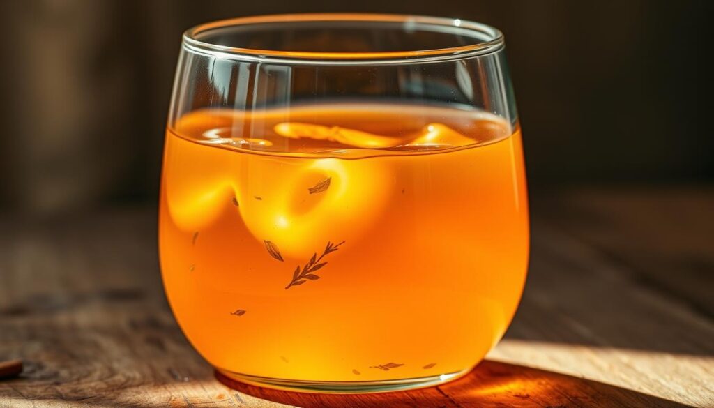A glass container filled with a clear, amber-colored liquid, reflecting a natural, earthy atmosphere. The liquid gently swirls, revealing its vinegar-like properties. Subtle hints of herbs and spices dance within the liquid, alluding to its use in marinades and culinary applications. The container is placed on a rustic wooden surface, bathed in warm, soft lighting that casts gentle shadows, emphasizing the viscosity and movement of the liquid. The overall scene conveys a sense of culinary experimentation and the potential impact of vinegar on the tenderization of meat.