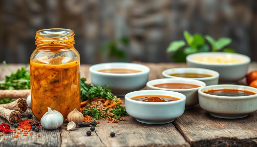 A gourmet selection of freshly prepared marinades and seasonings arranged on a rustic wooden surface. In the foreground, a glass jar filled with a vibrant, golden-hued marinade, complemented by an assortment of fragrant spices and herbs, including paprika, garlic, oregano, and black peppercorns. The middle ground showcases various dipping sauces, ranging from tangy to savory, presented in sleek ceramic bowls. The background features a softly-lit, natural setting, with hints of greenery and earthy tones, creating a warm, inviting atmosphere. Captured with a shallow depth of field, the image emphasizes the tantalizing details and textures of the homemade marinades, ready to transform ordinary chicken nuggets into an extraordinary culinary experience.