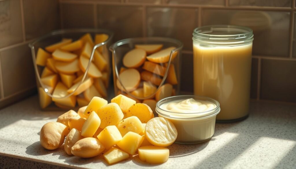 A kitchen counter displaying various forms of frozen potatoes - raw potato wedges, boiled potato slices, and creamy potato puree stored in airtight containers. The scene is lit by warm, soft lighting, casting gentle shadows and creating a cozy, inviting atmosphere. The potatoes appear fresh, vibrant, and meticulously arranged, showcasing the best practices for freezing different potato preparations. The image conveys a sense of culinary expertise and attention to detail, providing a visually engaging illustration for the article's section on freezing potatoes.