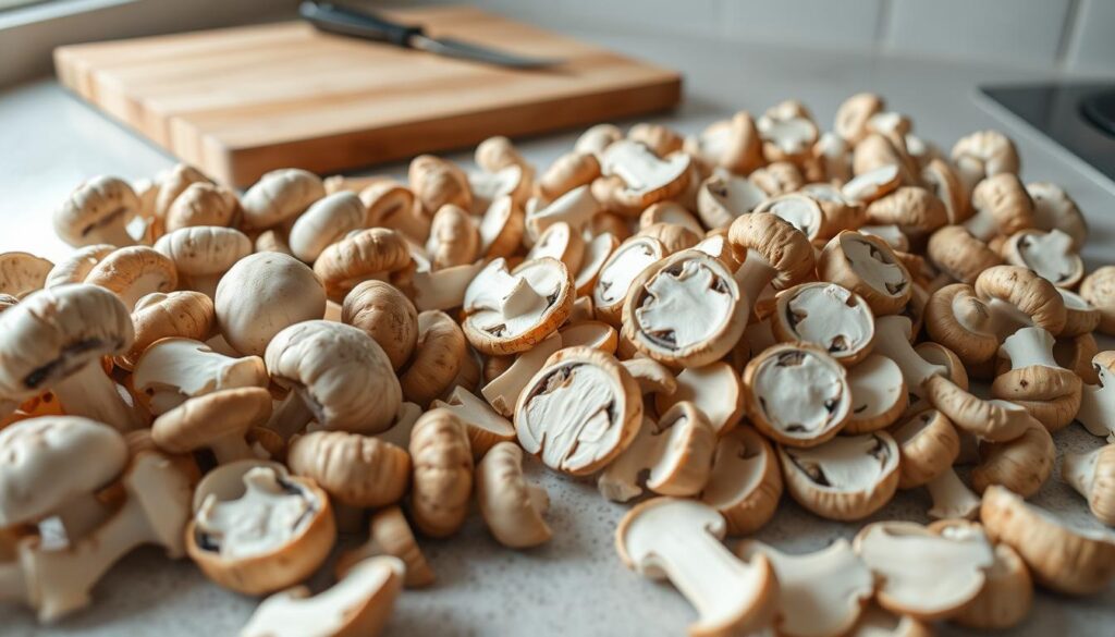 A kitchen counter filled with fresh, button mushrooms (Agaricus bisporus) in various stages of preparation for freezing. The mushrooms are carefully washed, sliced, and arranged in a clean, organized manner. Soft, natural lighting illuminates the scene, highlighting the earthy tones and textures of the mushrooms. In the background, a cutting board and a few kitchen utensils suggest the careful, meticulous process of preparing the mushrooms for long-term storage. The overall atmosphere conveys a sense of culinary expertise and attention to detail, perfectly suited for illustrating the "Przygotowanie pieczarek do mrożenia" section of the article.