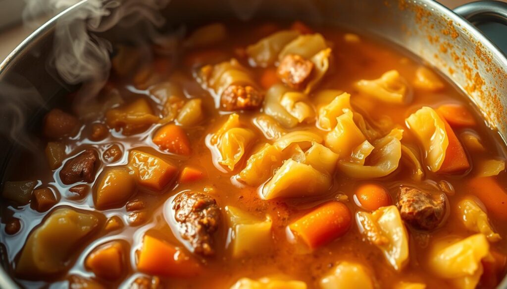 A large pot of simmering sauerkraut, its deep amber hues and earthy aroma filling the kitchen. Tender cabbage leaves soften and release their tangy juices, infusing the hearty stew. Wisps of steam curl upwards, backlit by warm, golden lighting that casts a cozy glow. Carrots and onions peek out, adding pops of color and texture. The bigos simmers patiently, as the blend of spices and savory meats slowly melds together, promising a deeply satisfying, melt-in-your-mouth dish.