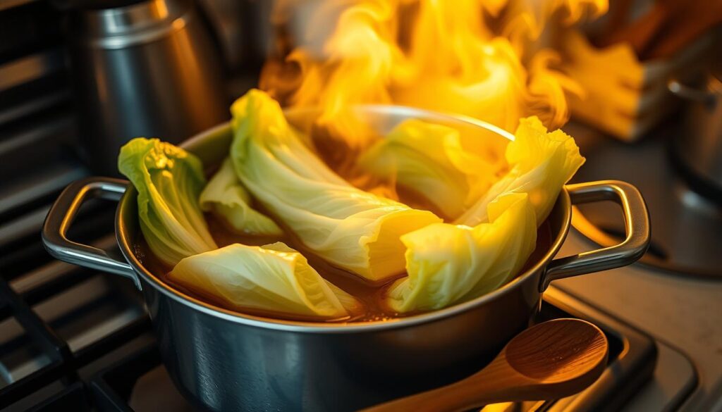 A large pot simmering on a gas stove, steam gently rising from the contents. Crisp, green cabbage leaves are carefully submerged in a rich, aromatic broth, softening and becoming pliable over time. The kitchen is bathed in warm, golden light, casting a cozy glow on the scene. In the foreground, a wooden spoon rests on the counter, ready to test the tenderness of the cabbage. The overall atmosphere conveys the patience and care required to properly prepare the cabbage for stuffing and rolling into delectable golabki.